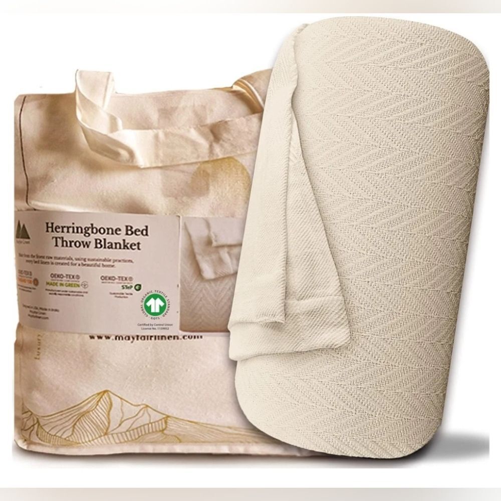 Mayfair Linen 100% Pure Cotton, Luxury Queen Size Beige Blanket